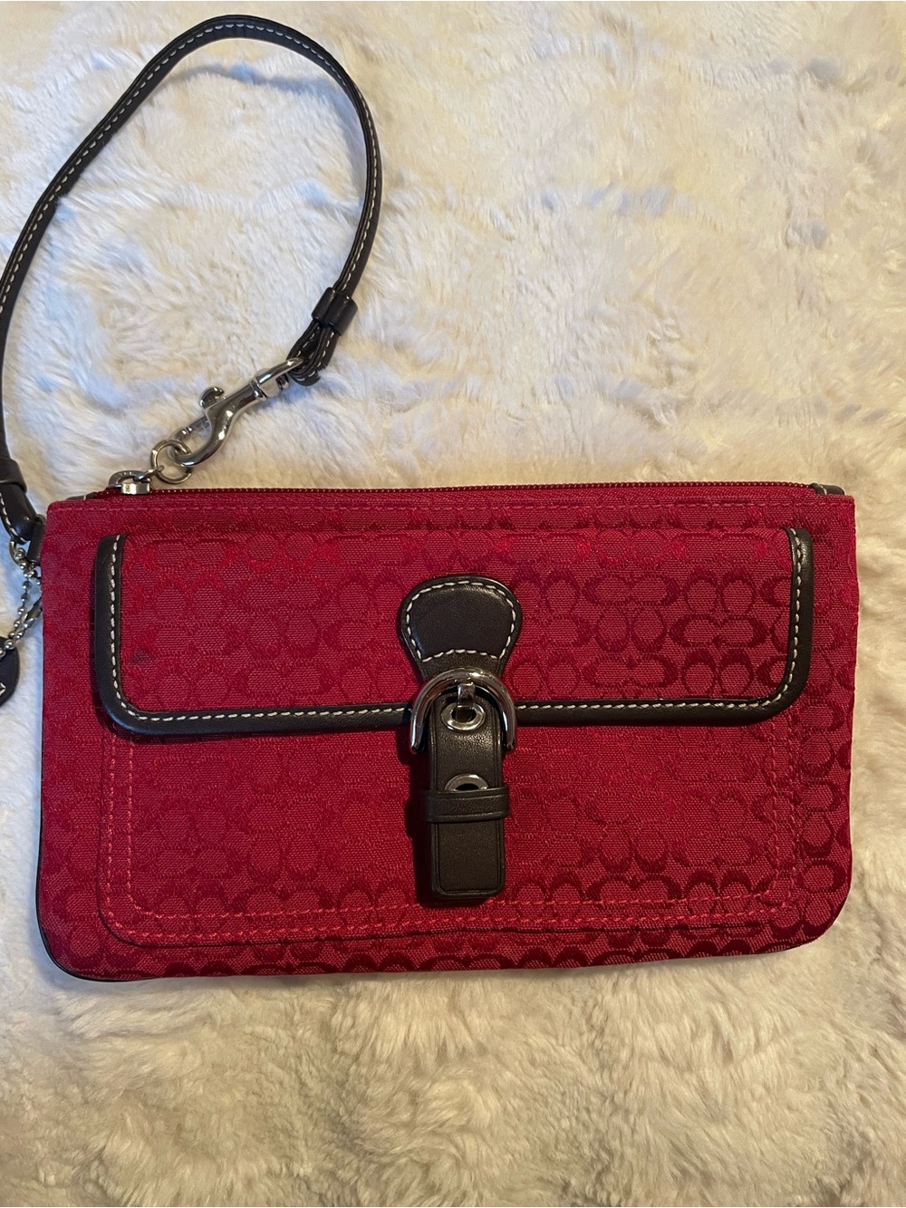 Coach Y2K Red Signature Canvas Wristlet with Black Leather Trim